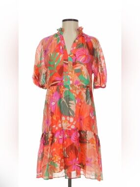 NWT 1. State Orange Floral Puff-Sleeve Dress with Pink & Green Accents Size M